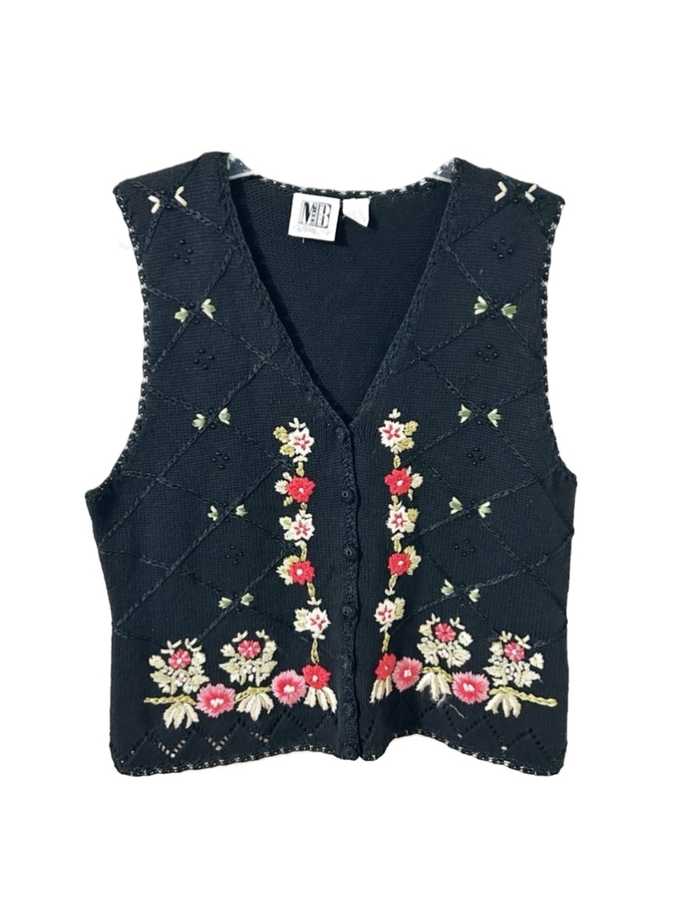 Mixed Blues Knit Vest Floral Embroidery Knit Covered Buttons Ribbon Beads Cutout